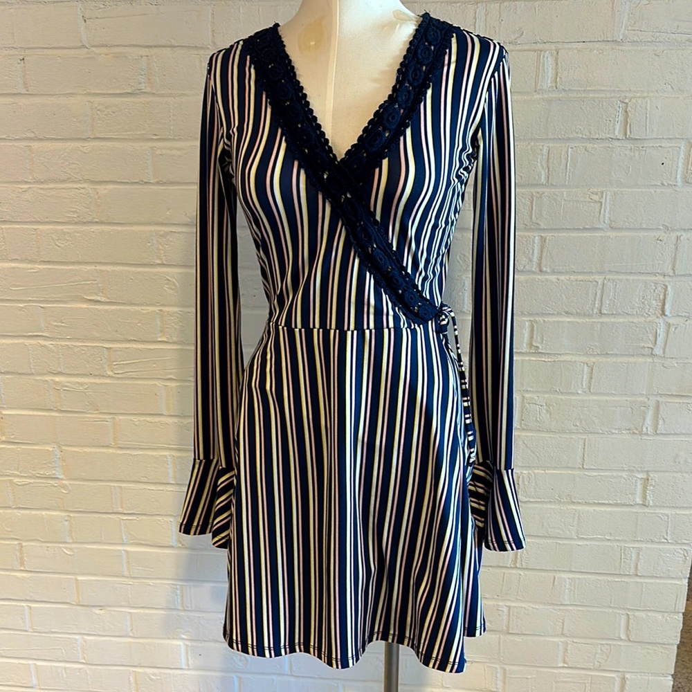 Love, Fire Sz S Navy Striped Wrap Dress
